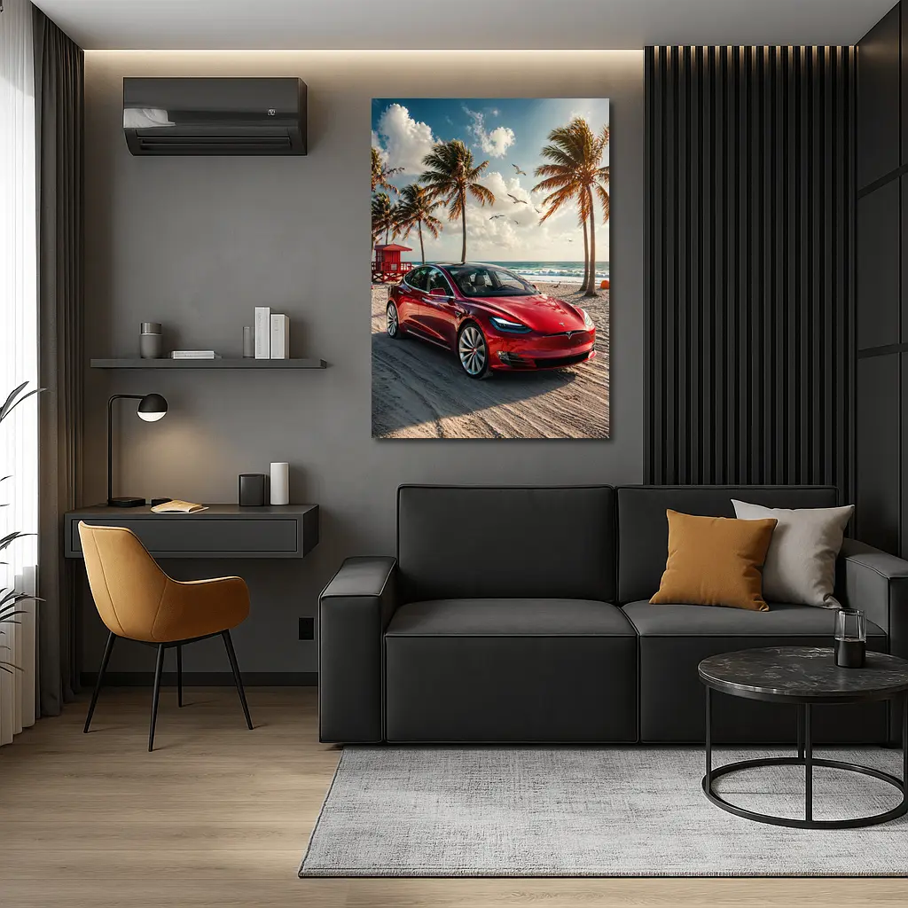 Tesla Model S Red Car Beach Palm Trees – Wall Art