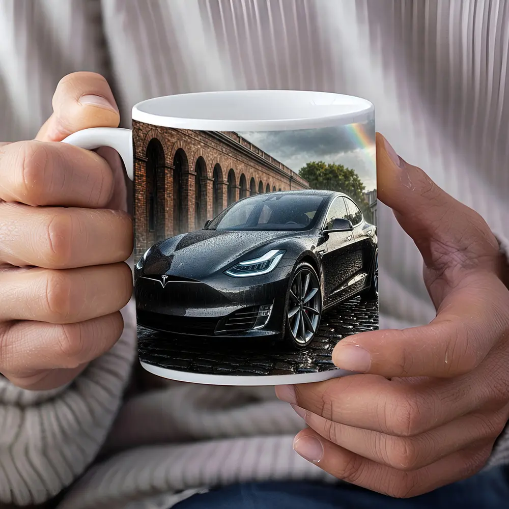 Tesla Model S Black Wet Cobblestone Street – Mugs