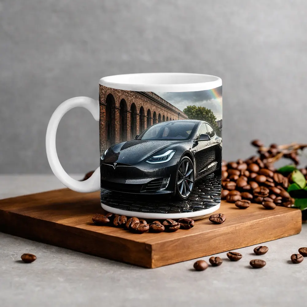 Tesla Model S Black Wet Cobblestone Street – Mugs