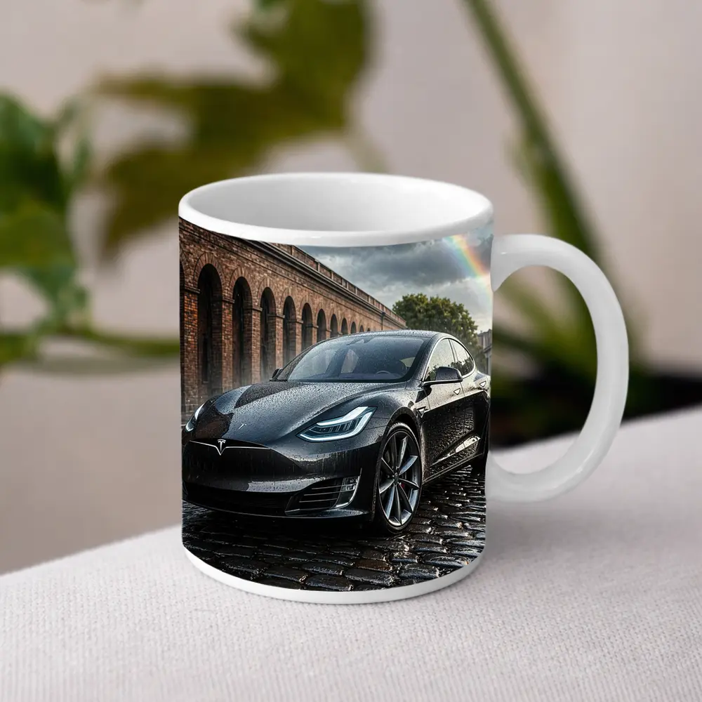 Tesla Model S Black Wet Cobblestone Street – Mugs