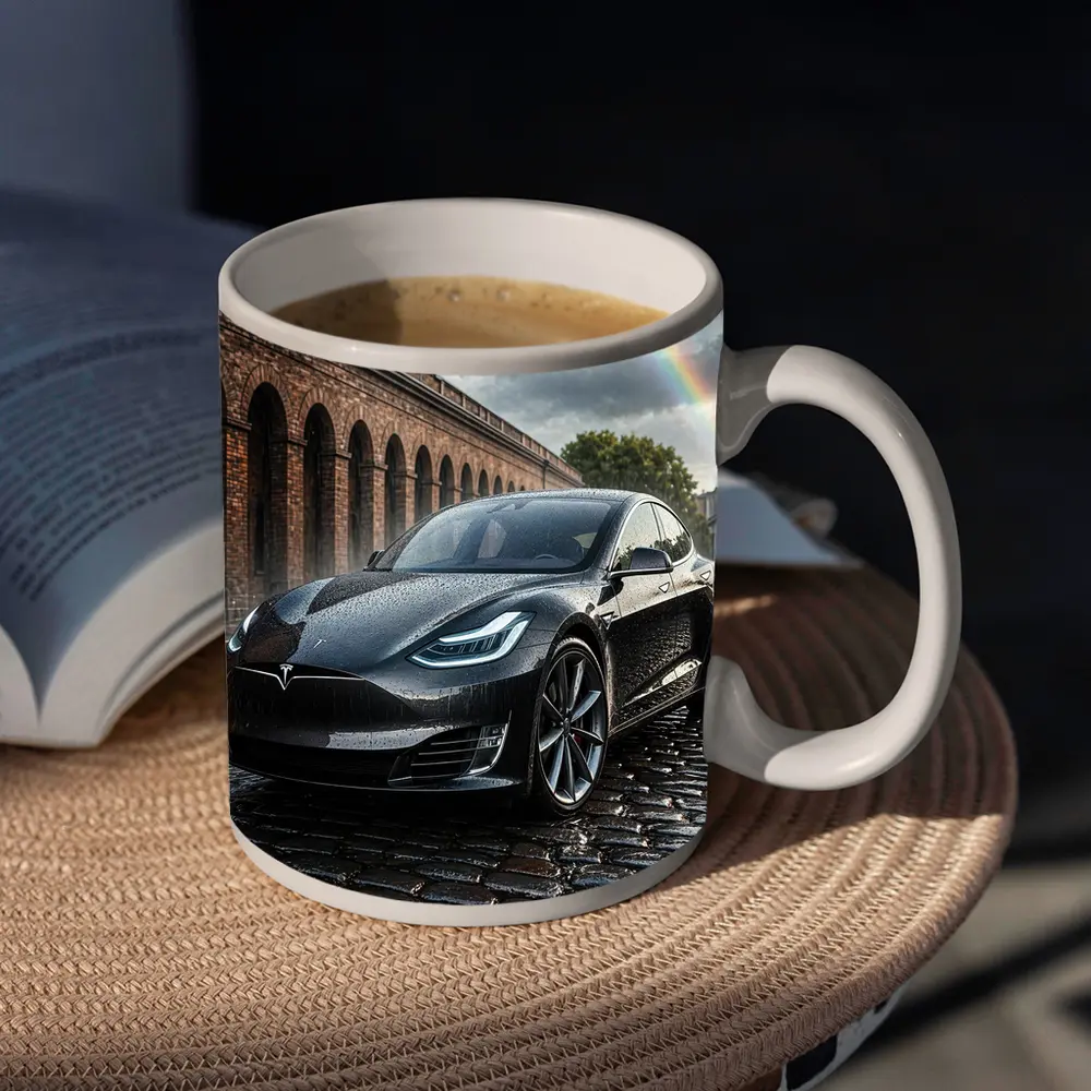 Tesla Model S Black Wet Cobblestone Street – Mugs