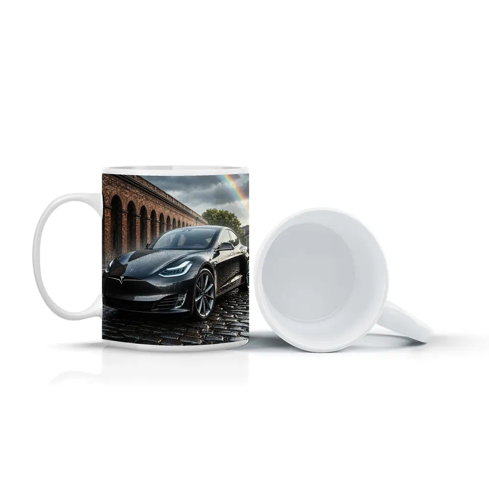 Tesla Model S Black Wet Cobblestone Street – Mugs