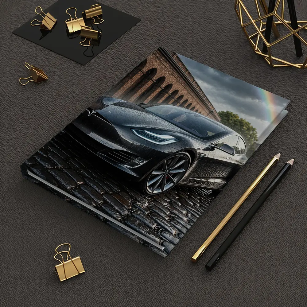 Tesla Model S Black Wet Cobblestone Street – Notebooks