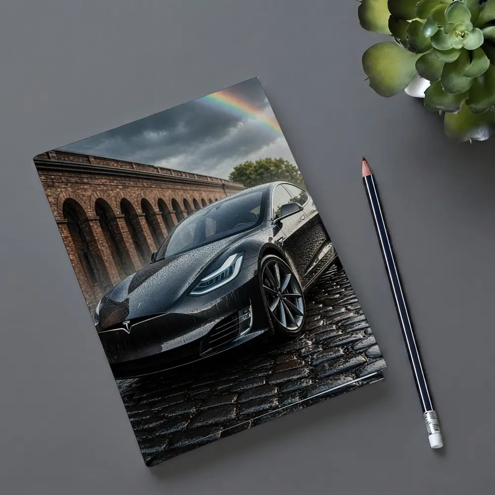 Tesla Model S Black Wet Cobblestone Street – Notebooks