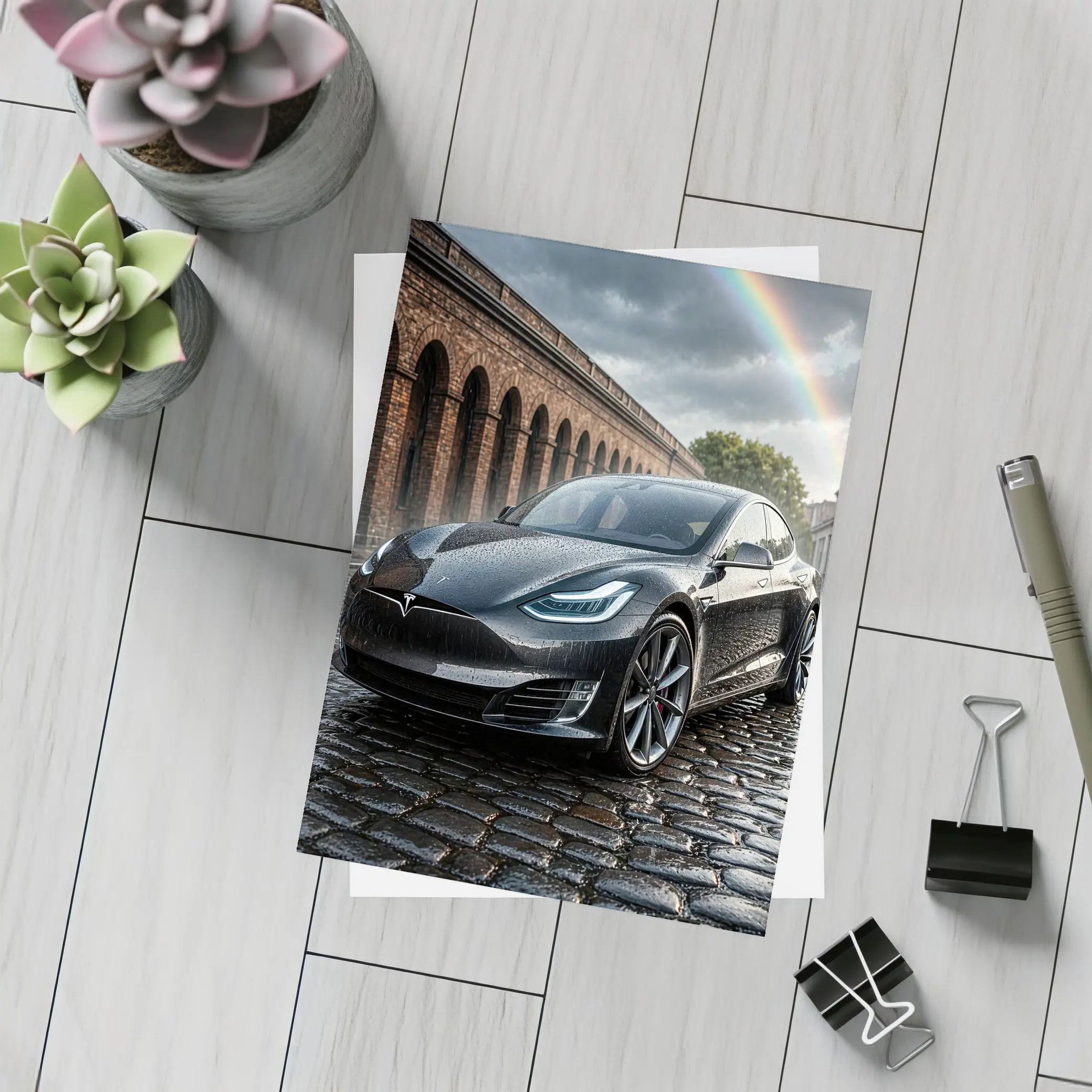 Tesla Model S Black Wet Cobblestone Street – Postcards