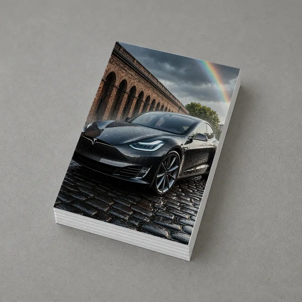 Tesla Model S Black Wet Cobblestone Street – Postcards