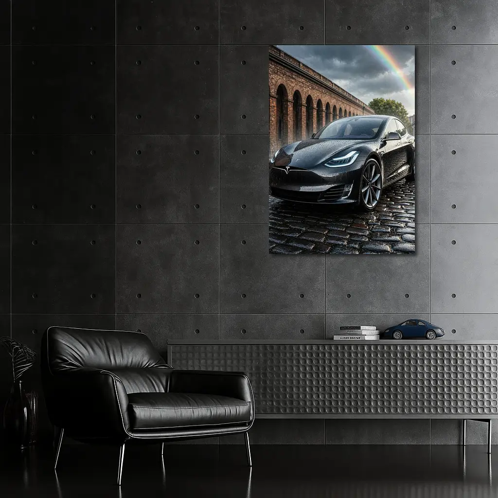 Tesla Model S Black Wet Cobblestone Street