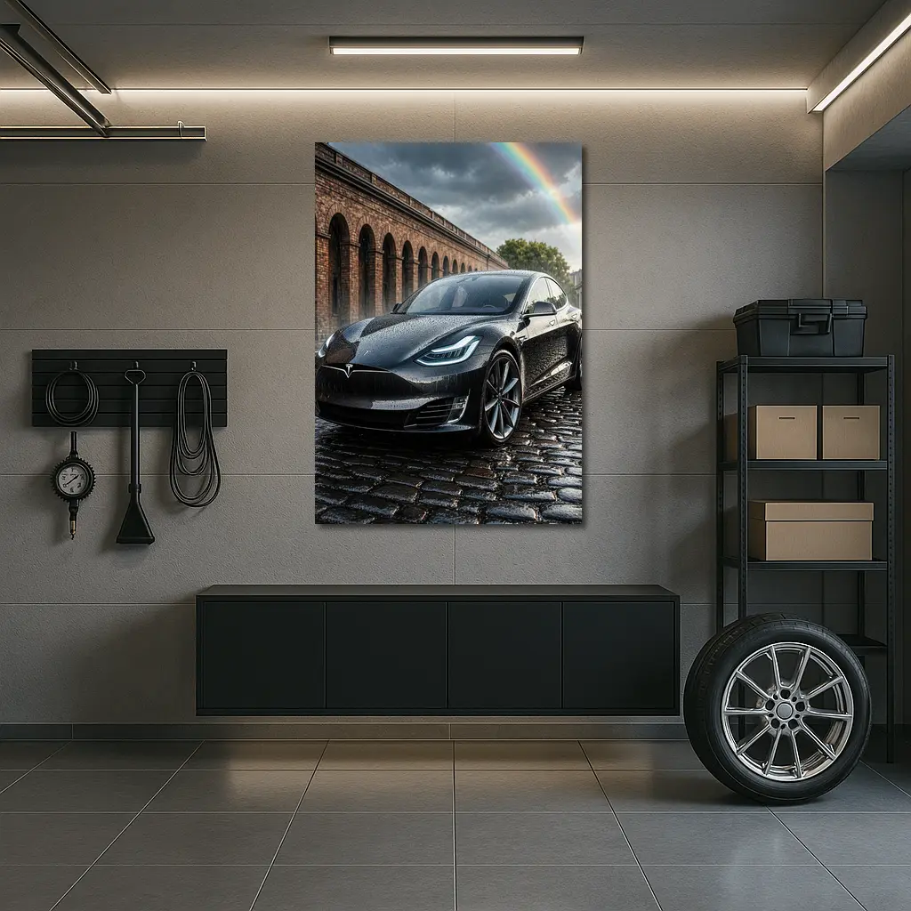 Tesla Model S Black Wet Cobblestone Street – Wall Art