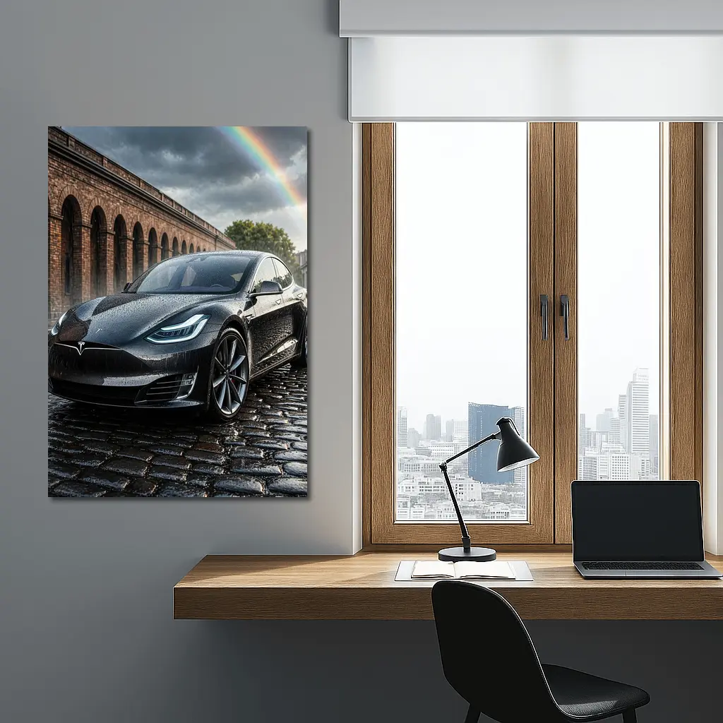 Tesla Model S Black Wet Cobblestone Street – Wall Art