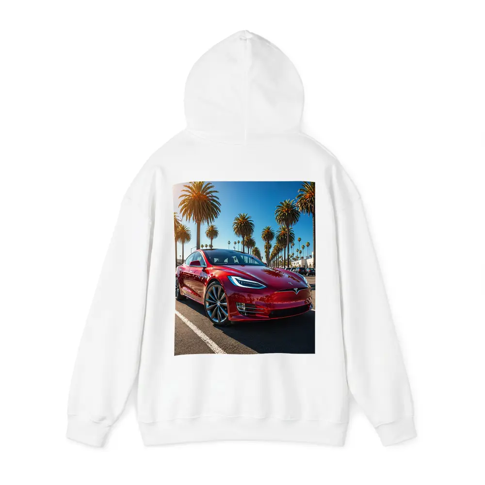 Tesla Model S Red Under Palm Trees – Hoodies