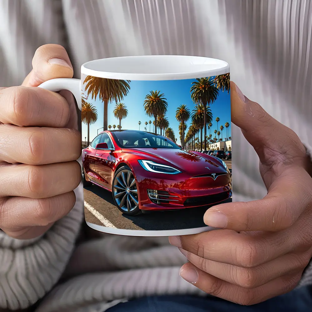 Tesla Model S Red Under Palm Trees – Mugs