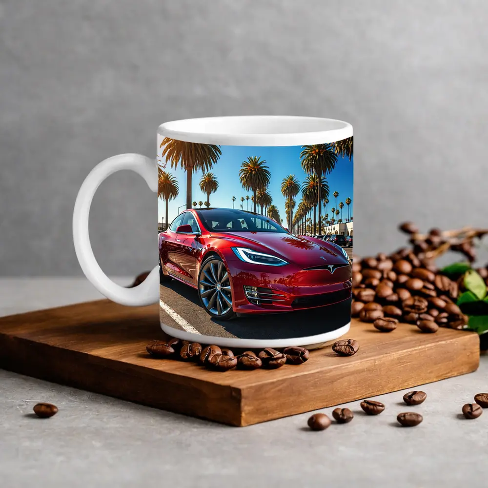 Tesla Model S Red Under Palm Trees – Mugs