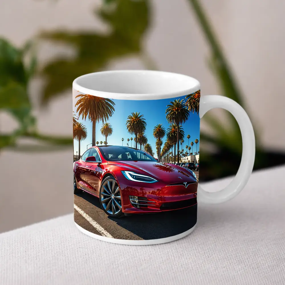 Tesla Model S Red Under Palm Trees – Mugs