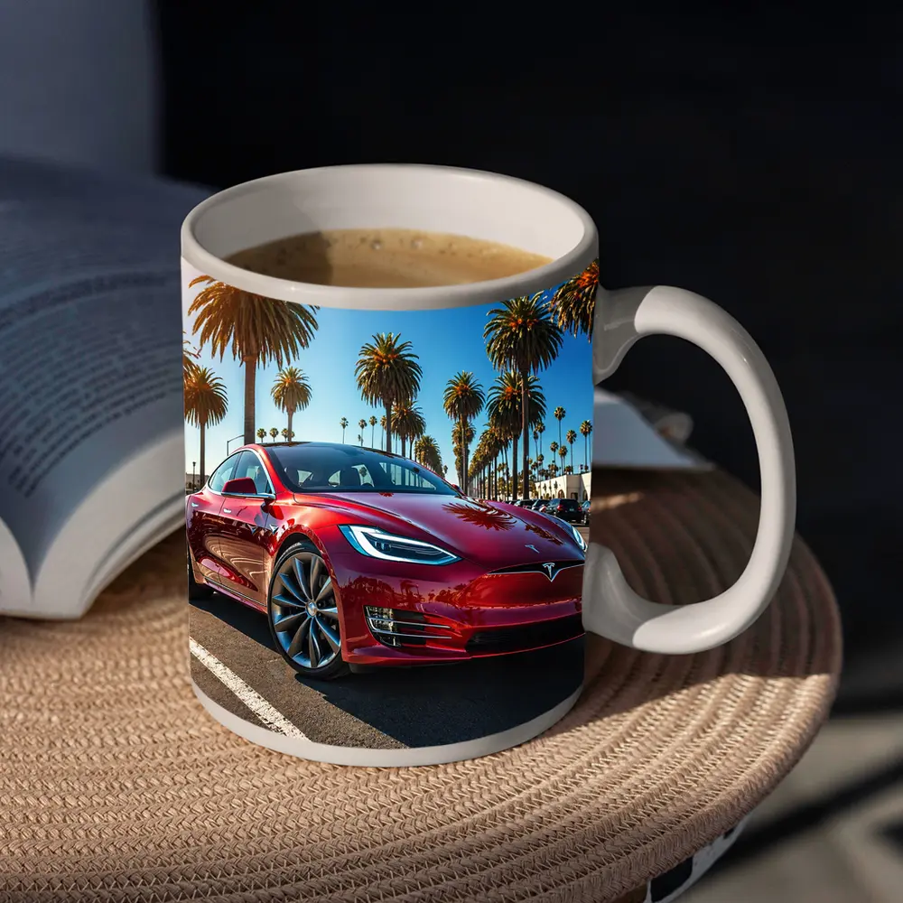 Tesla Model S Red Under Palm Trees – Mugs