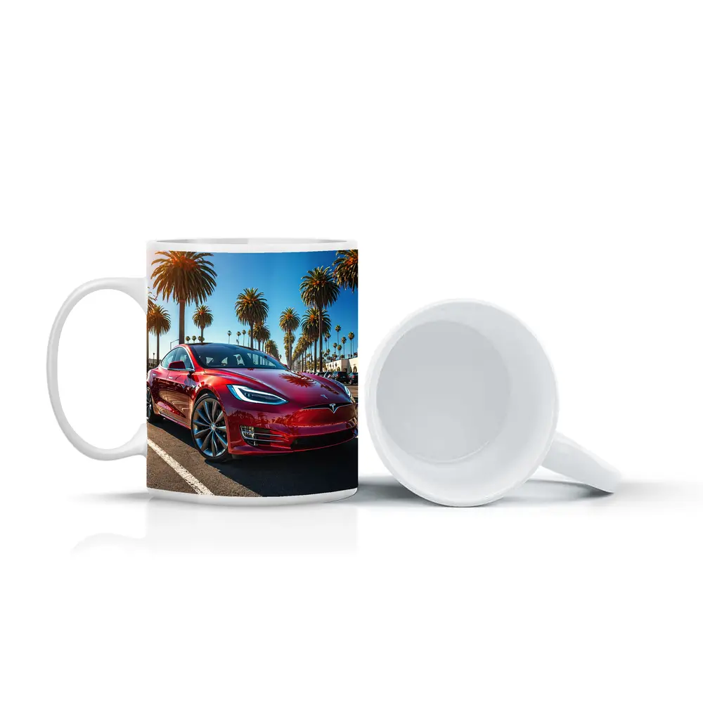 Tesla Model S Red Under Palm Trees – Mugs