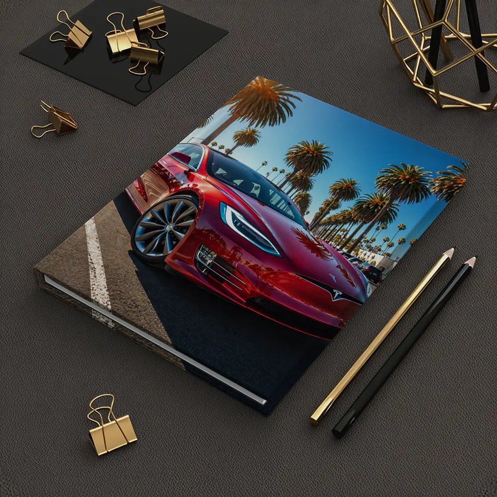 Tesla Model S Red Under Palm Trees – Notebooks