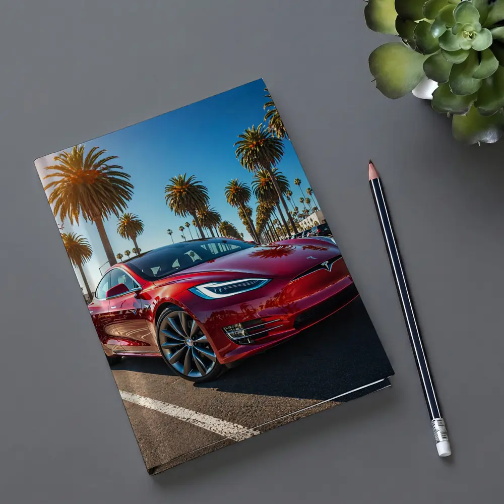 Tesla Model S Red Under Palm Trees – Notebooks