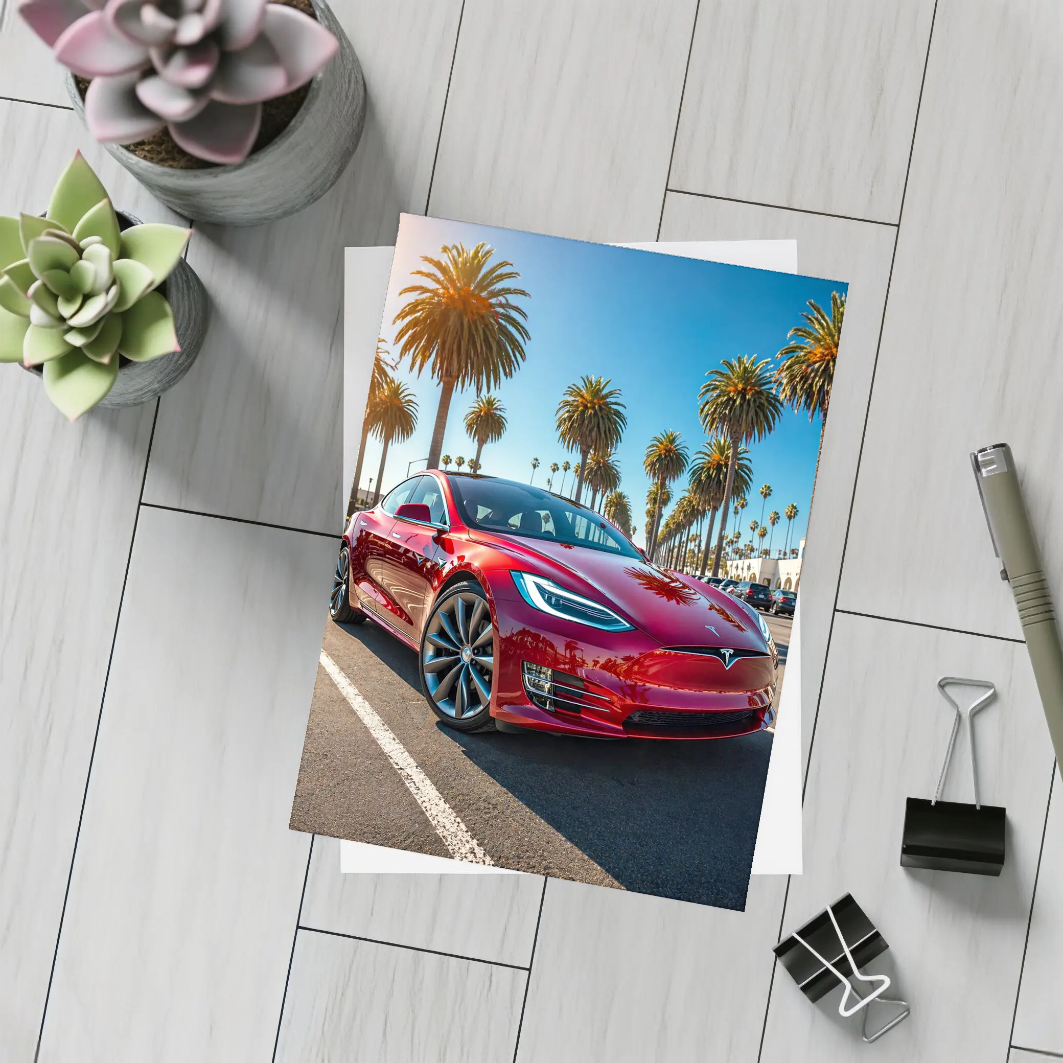Tesla Model S Red Under Palm Trees – Postcards