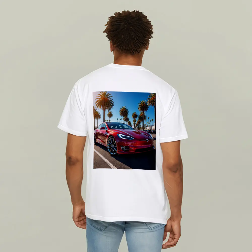 Tesla Model S Red Under Palm Trees – T-Shirts