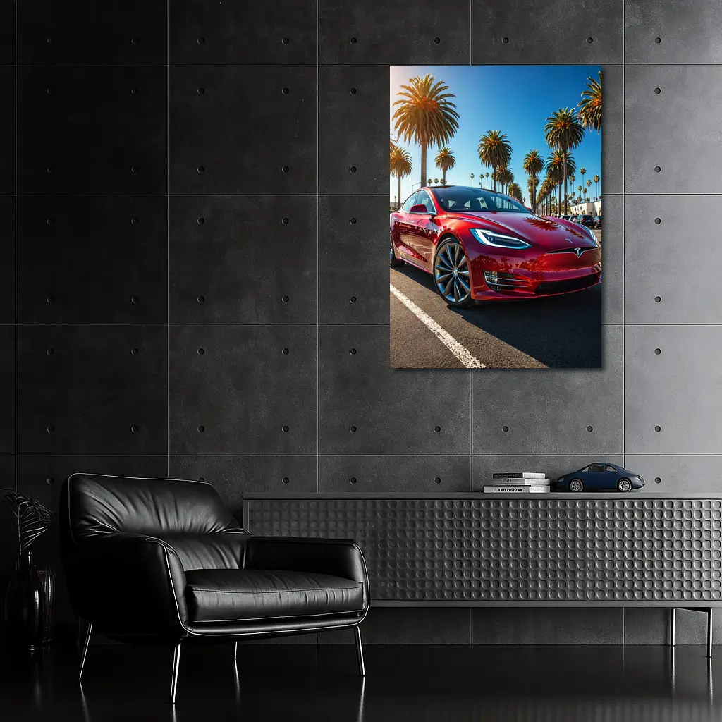 Tesla Model S Red Under Palm Trees – Wall Art