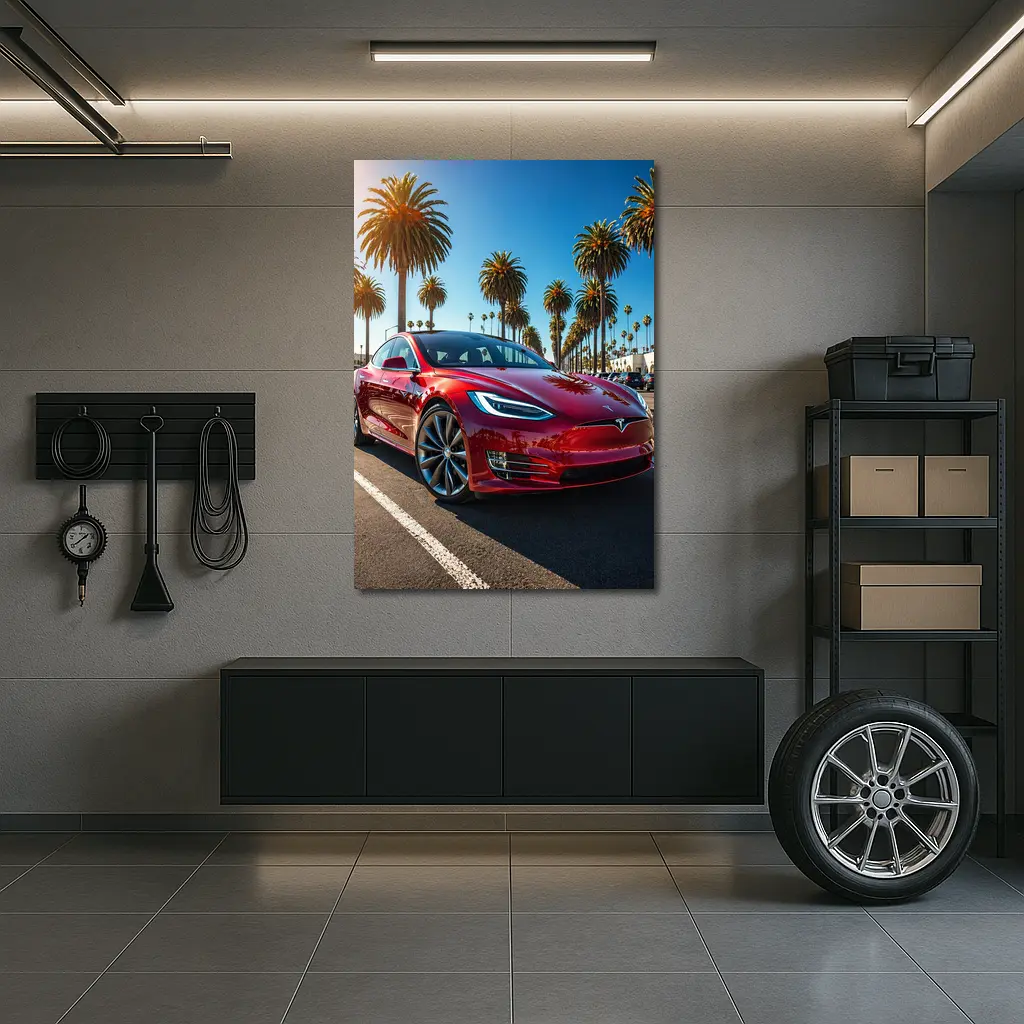Tesla Model S Red Under Palm Trees – Wall Art