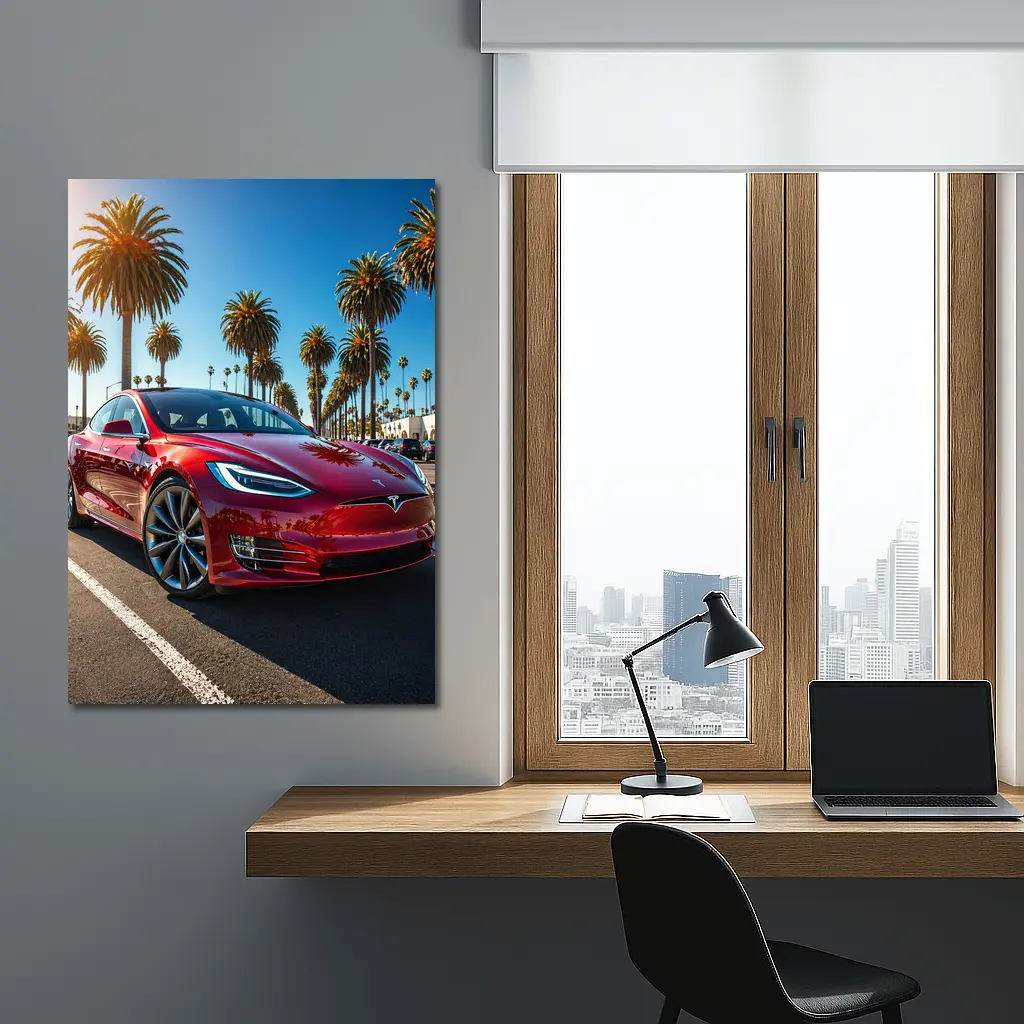 Tesla Model S Red Under Palm Trees – Wall Art