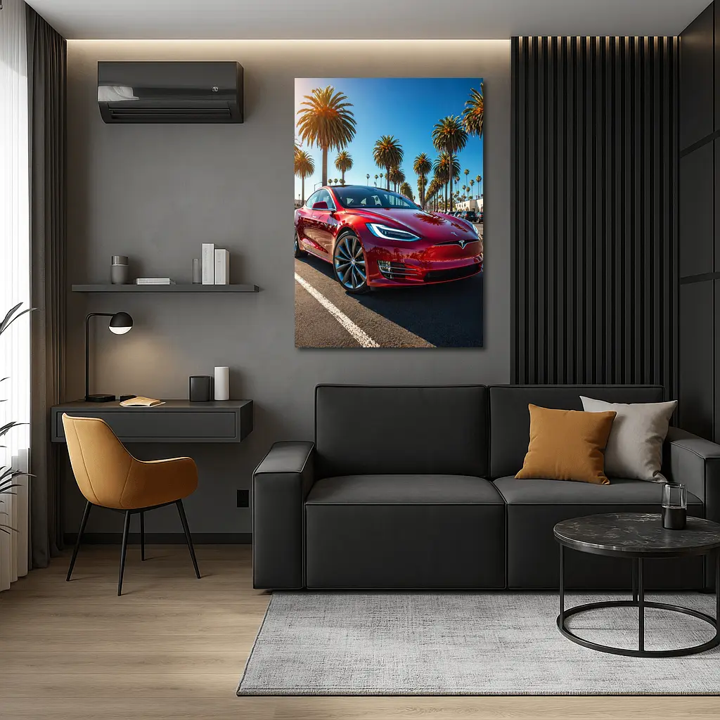 Tesla Model S Red Under Palm Trees – Wall Art