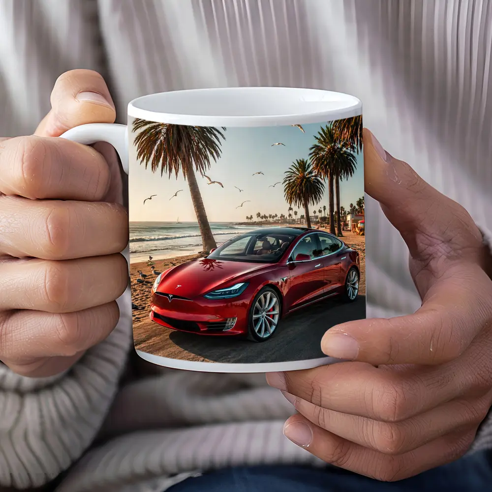 Red Tesla Model S Beach Palm Trees – Mugs