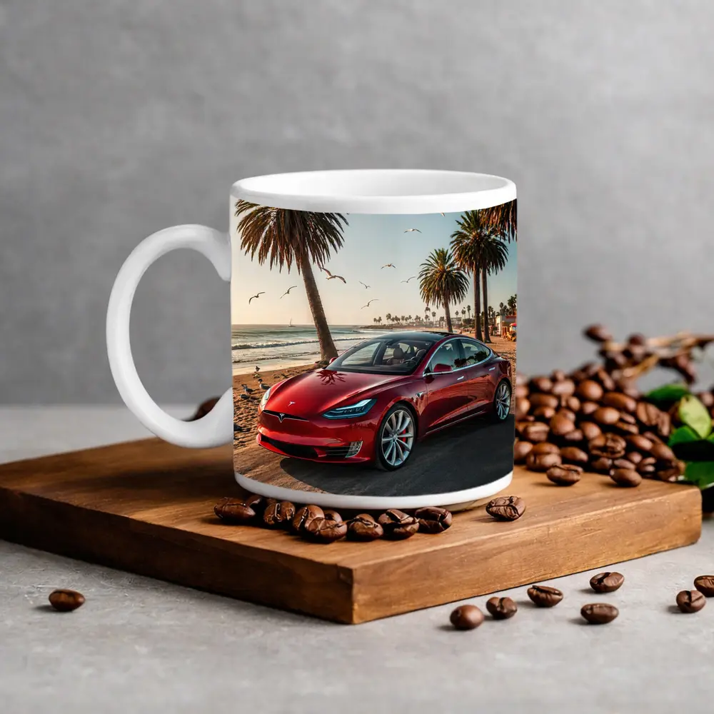 Red Tesla Model S Beach Palm Trees – Mugs