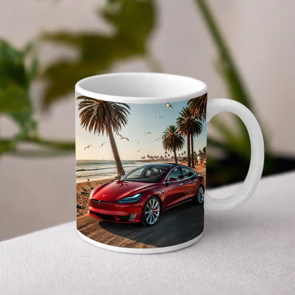 Red Tesla Model S Beach Palm Trees – Mugs