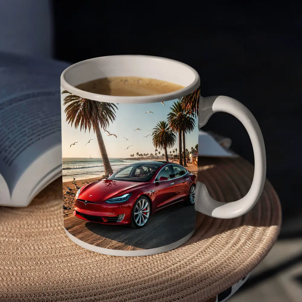 Red Tesla Model S Beach Palm Trees – Mugs