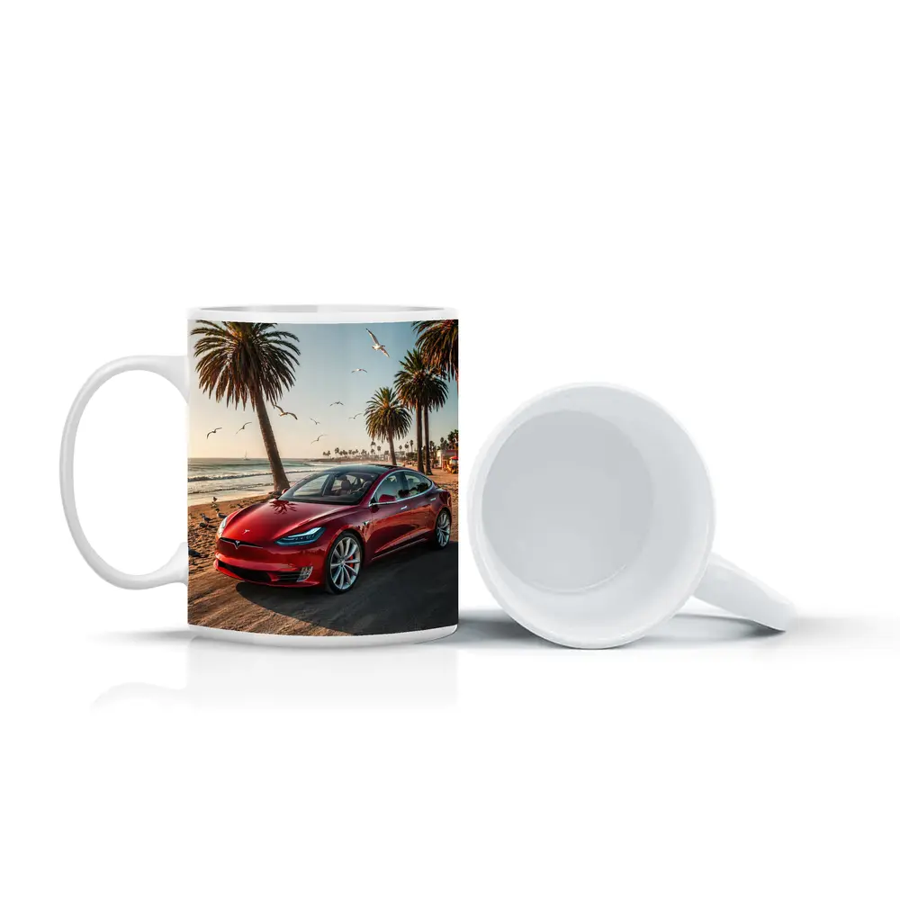 Red Tesla Model S Beach Palm Trees – Mugs
