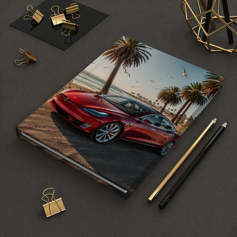 Red Tesla Model S Beach Palm Trees – Notebooks