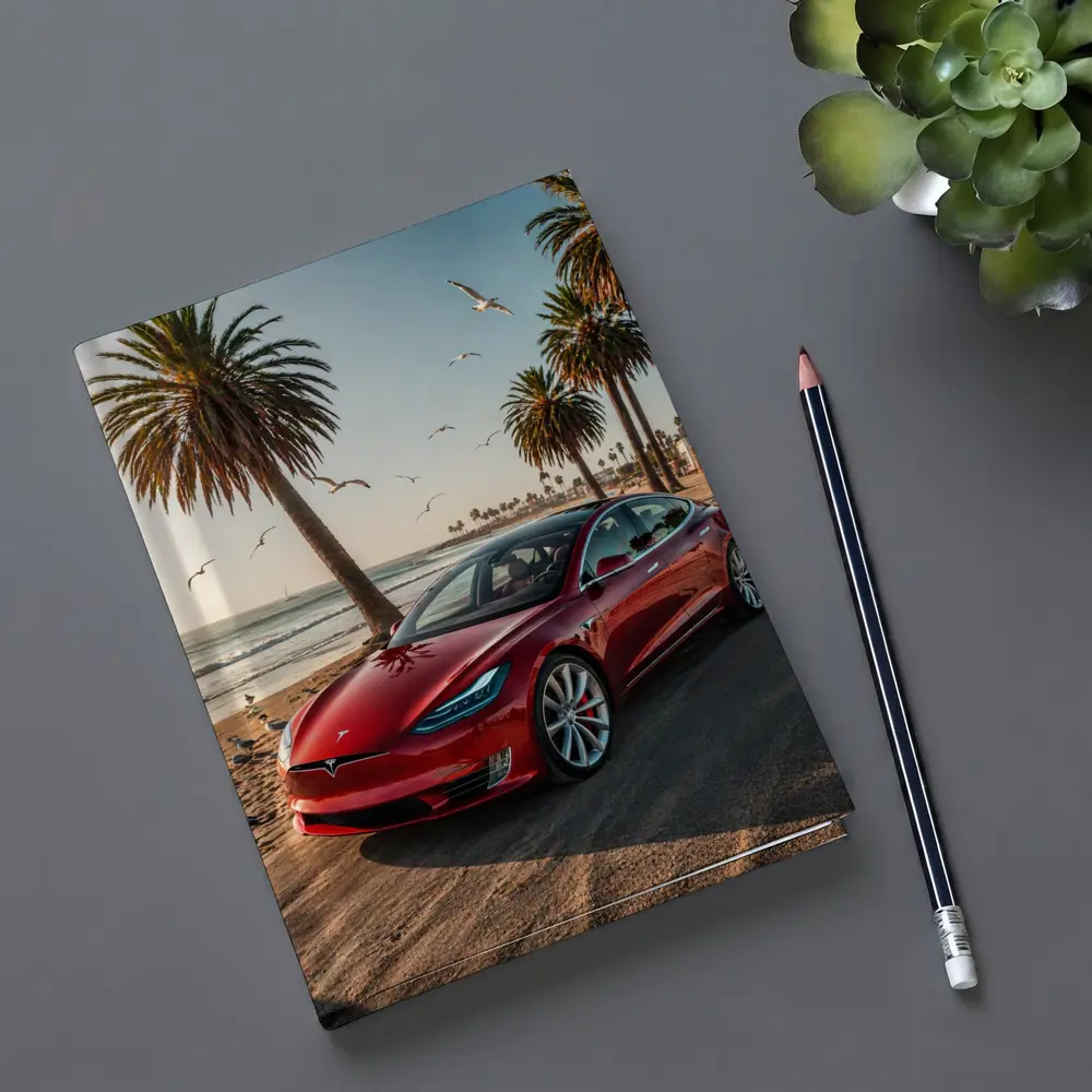 Red Tesla Model S Beach Palm Trees – Notebooks