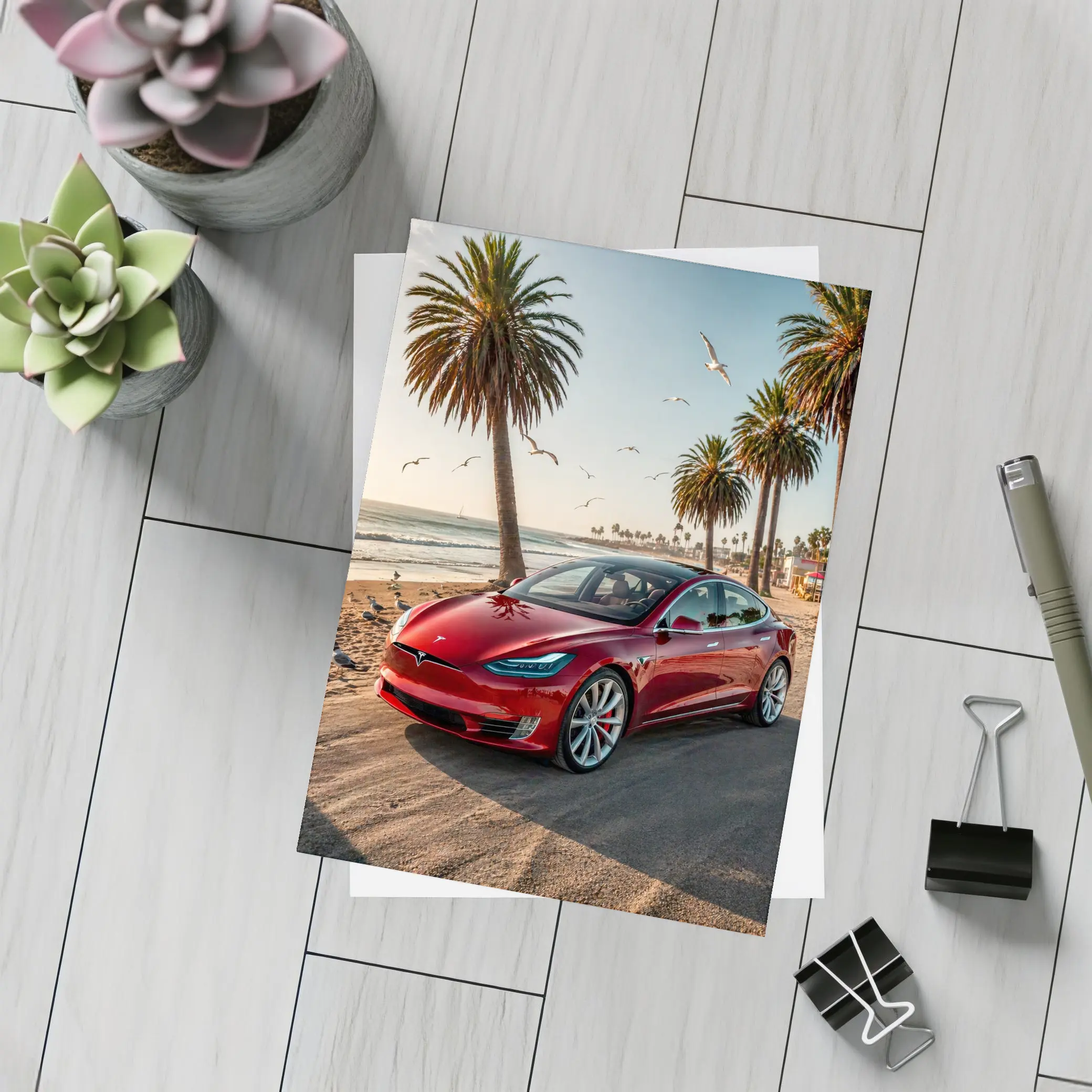 Red Tesla Model S Beach Palm Trees – Postcards