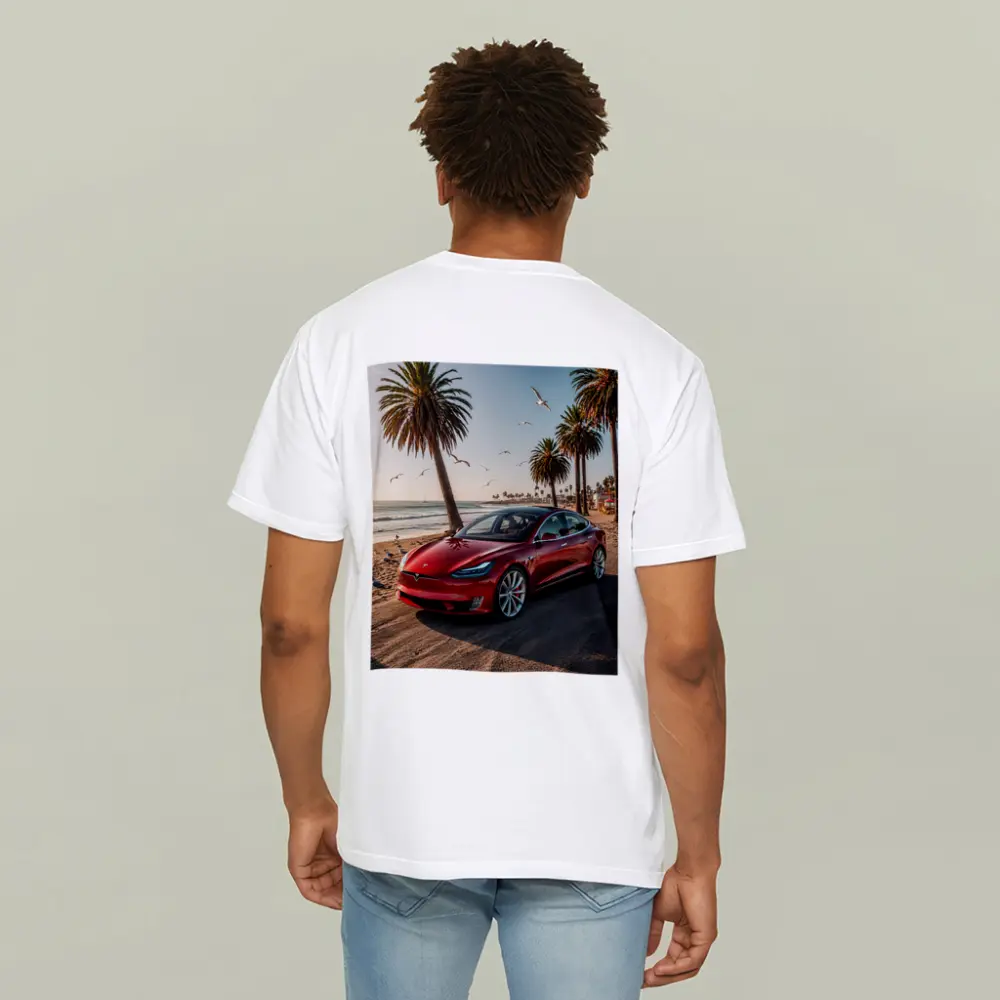 Red Tesla Model S Beach Palm Trees – T-Shirts
