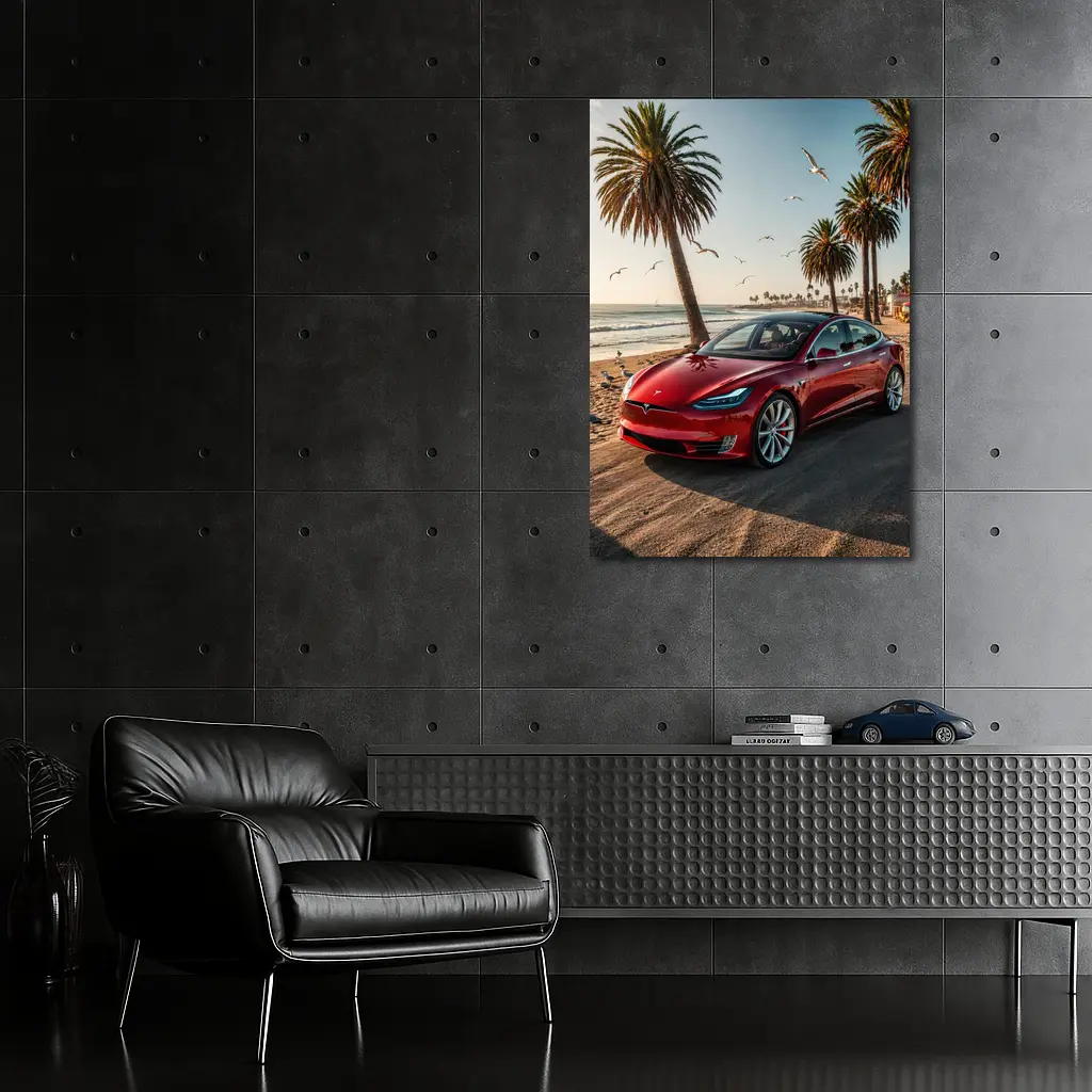 Red Tesla Model S Beach Palm Trees – Wall Art