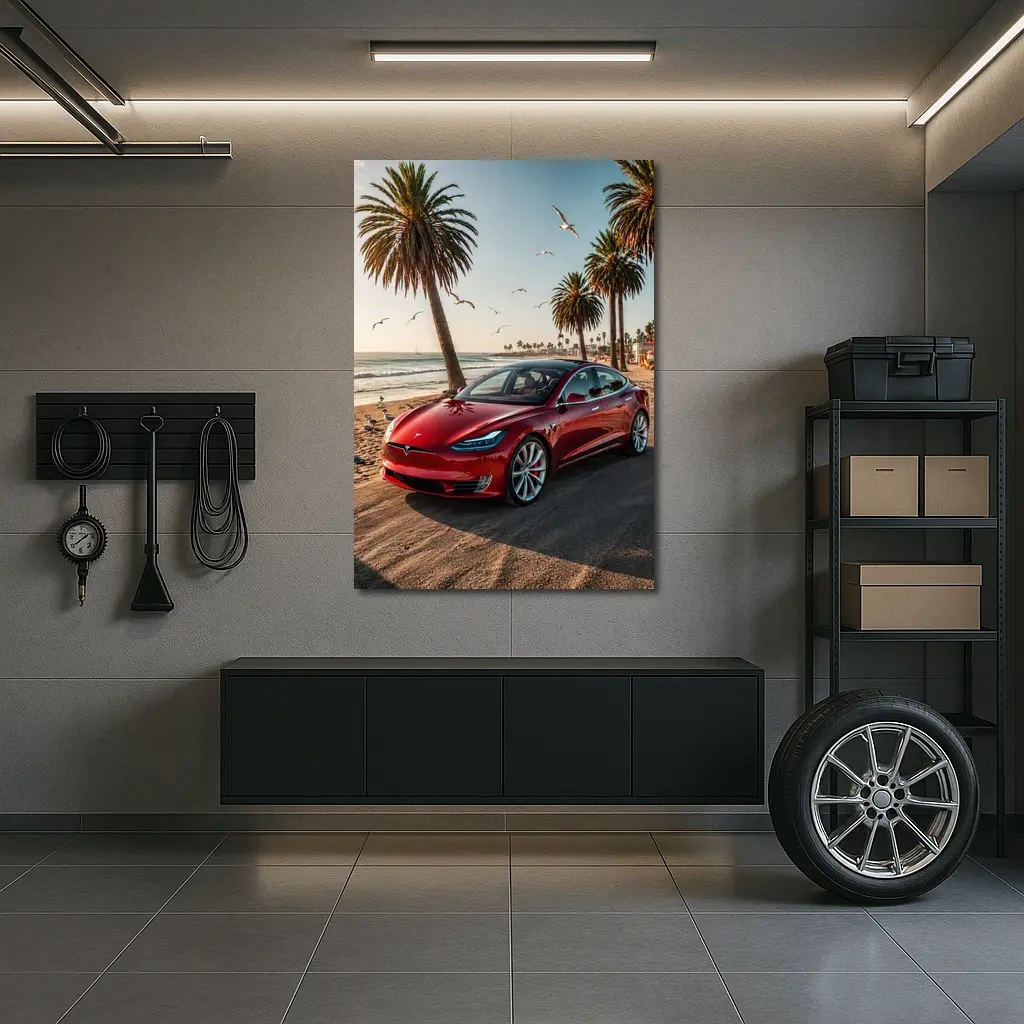 Red Tesla Model S Beach Palm Trees – Wall Art