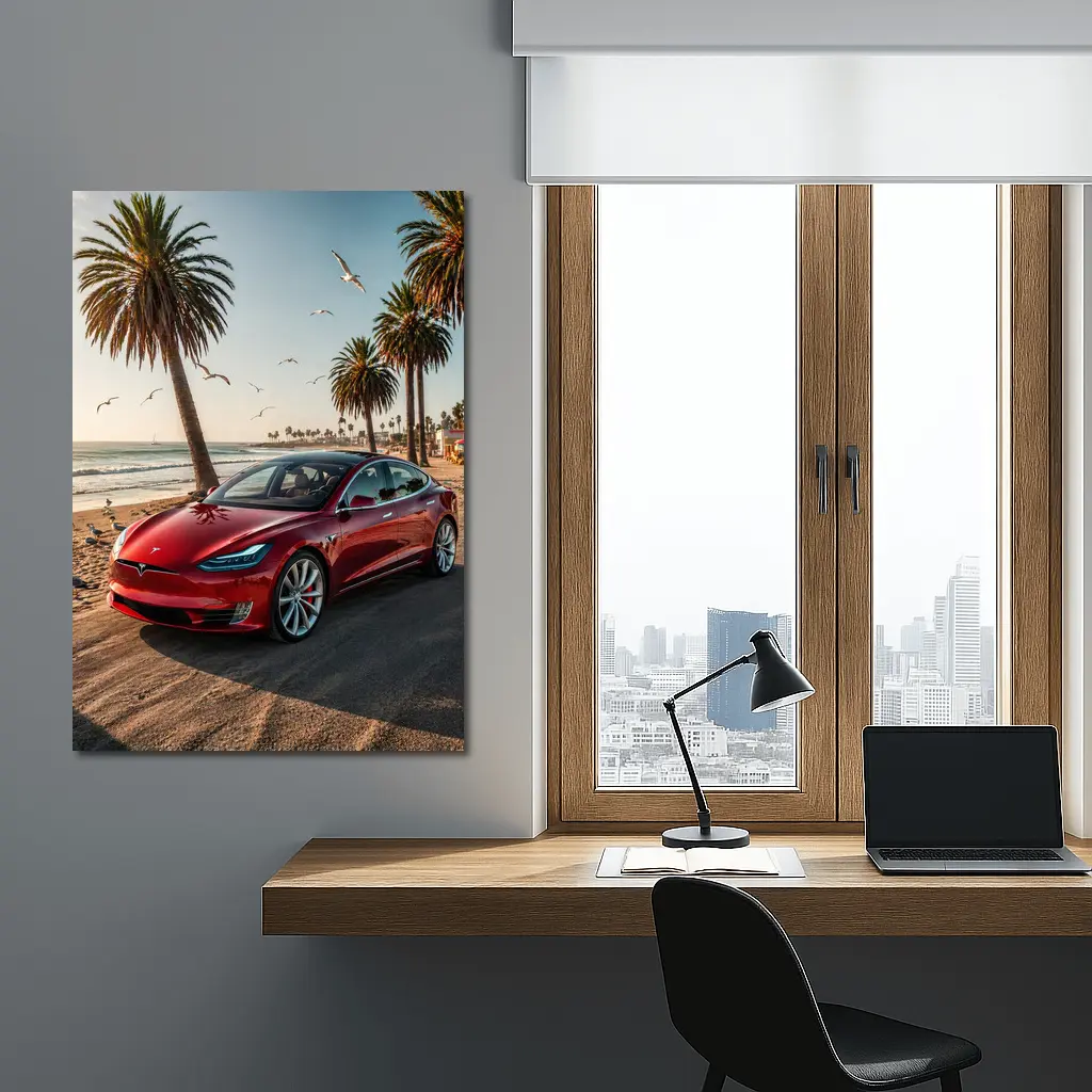 Red Tesla Model S Beach Palm Trees – Wall Art