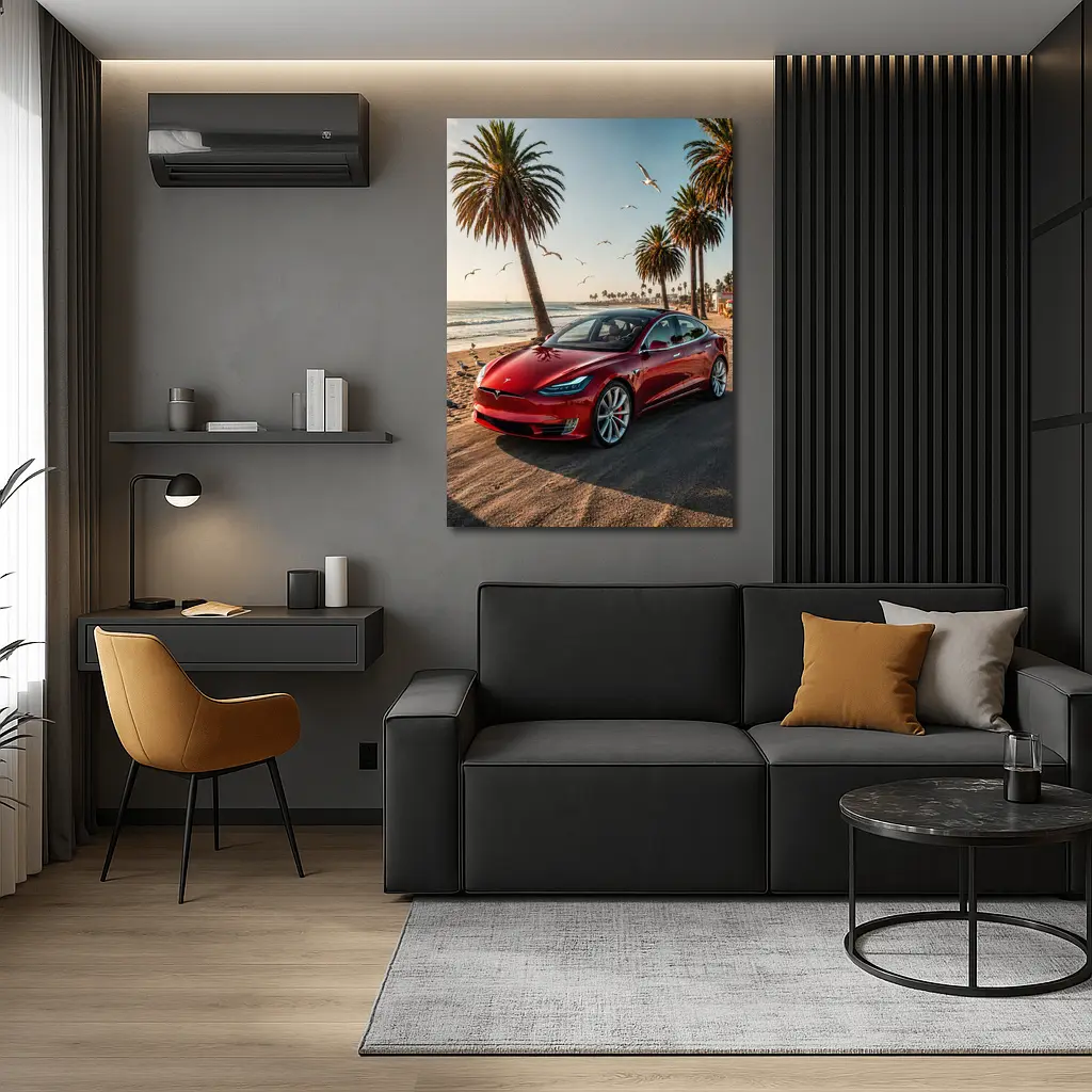 Red Tesla Model S Beach Palm Trees – Wall Art