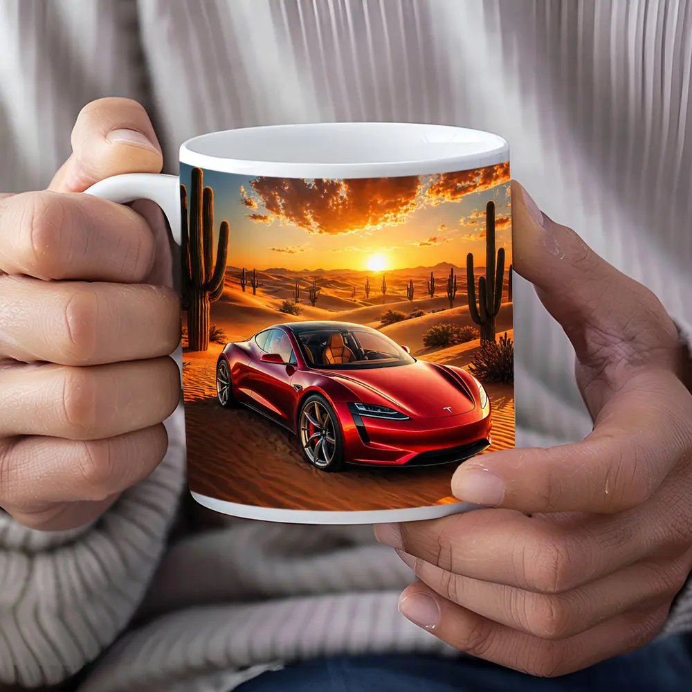 Tesla Roadster Red Car Desert Sunset – Mugs