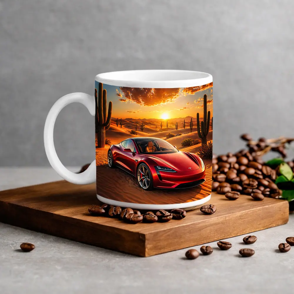 Tesla Roadster Red Car Desert Sunset – Mugs
