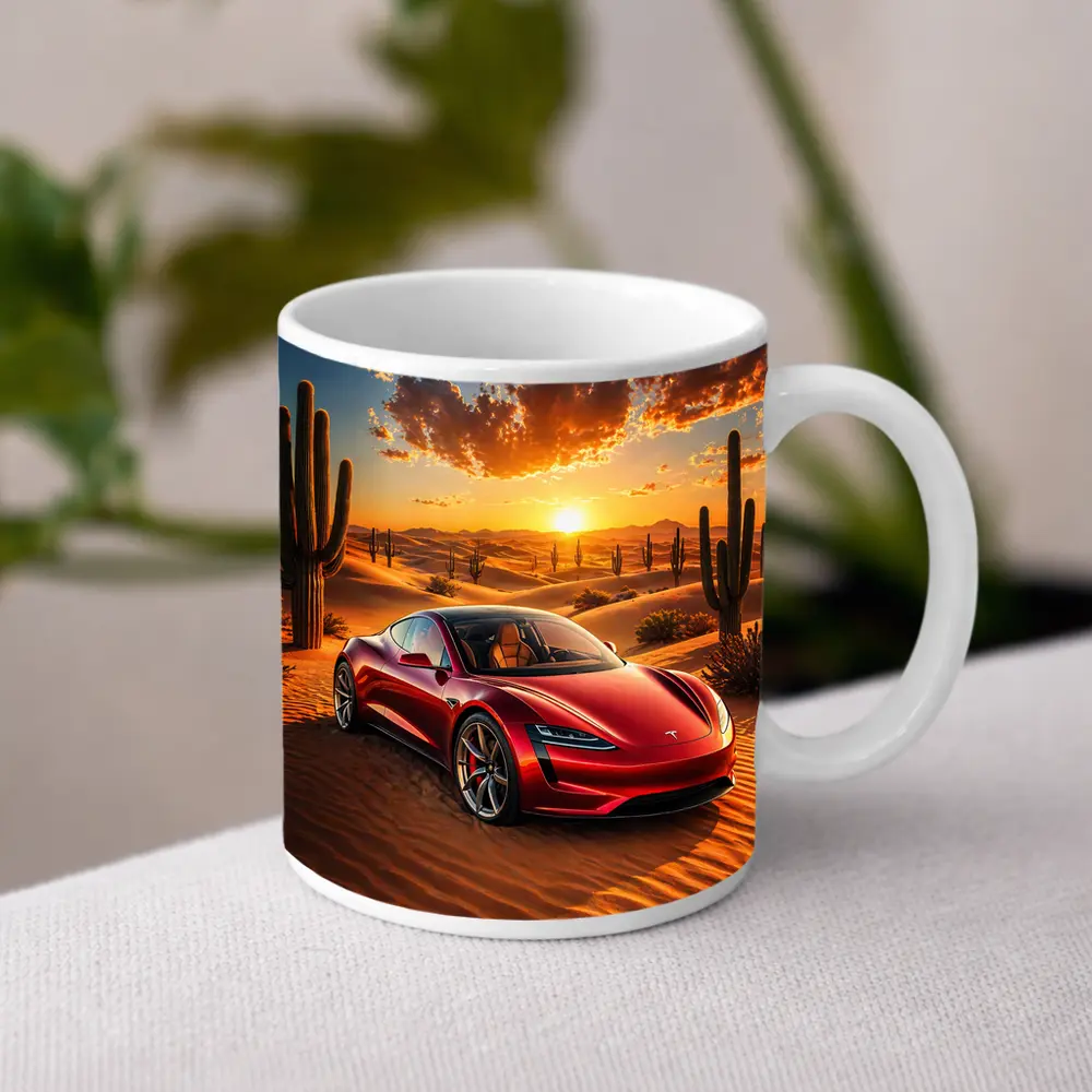 Tesla Roadster Red Car Desert Sunset – Mugs