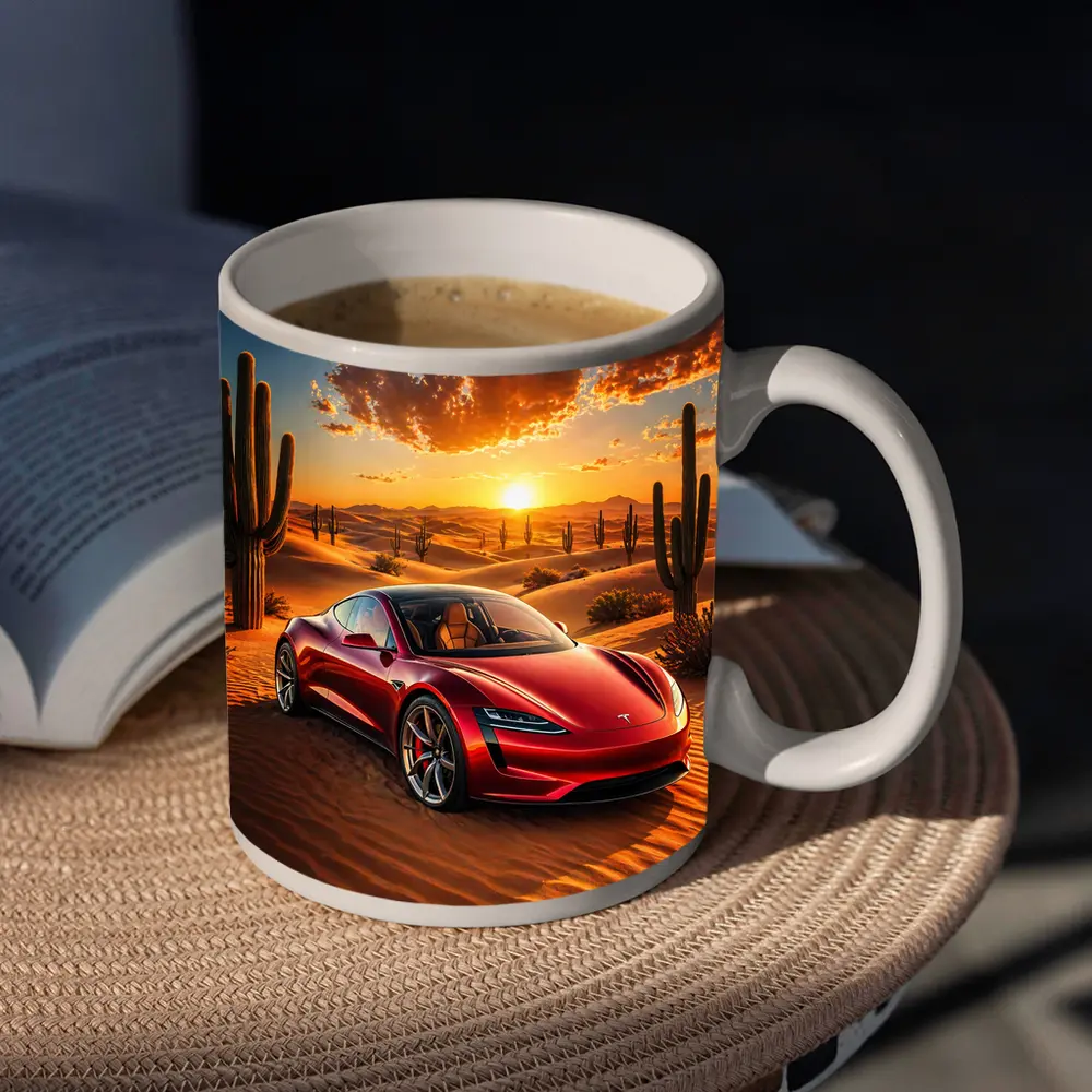 Tesla Roadster Red Car Desert Sunset – Mugs