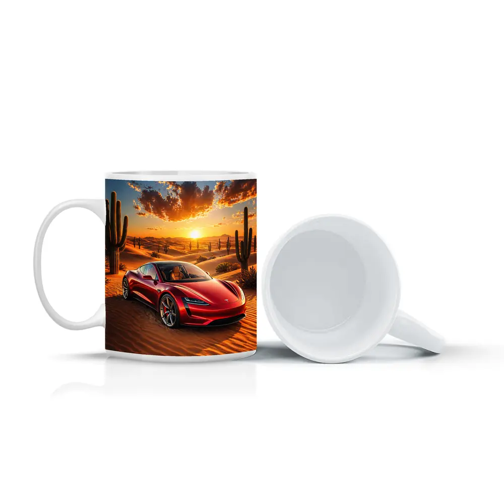 Tesla Roadster Red Car Desert Sunset – Mugs