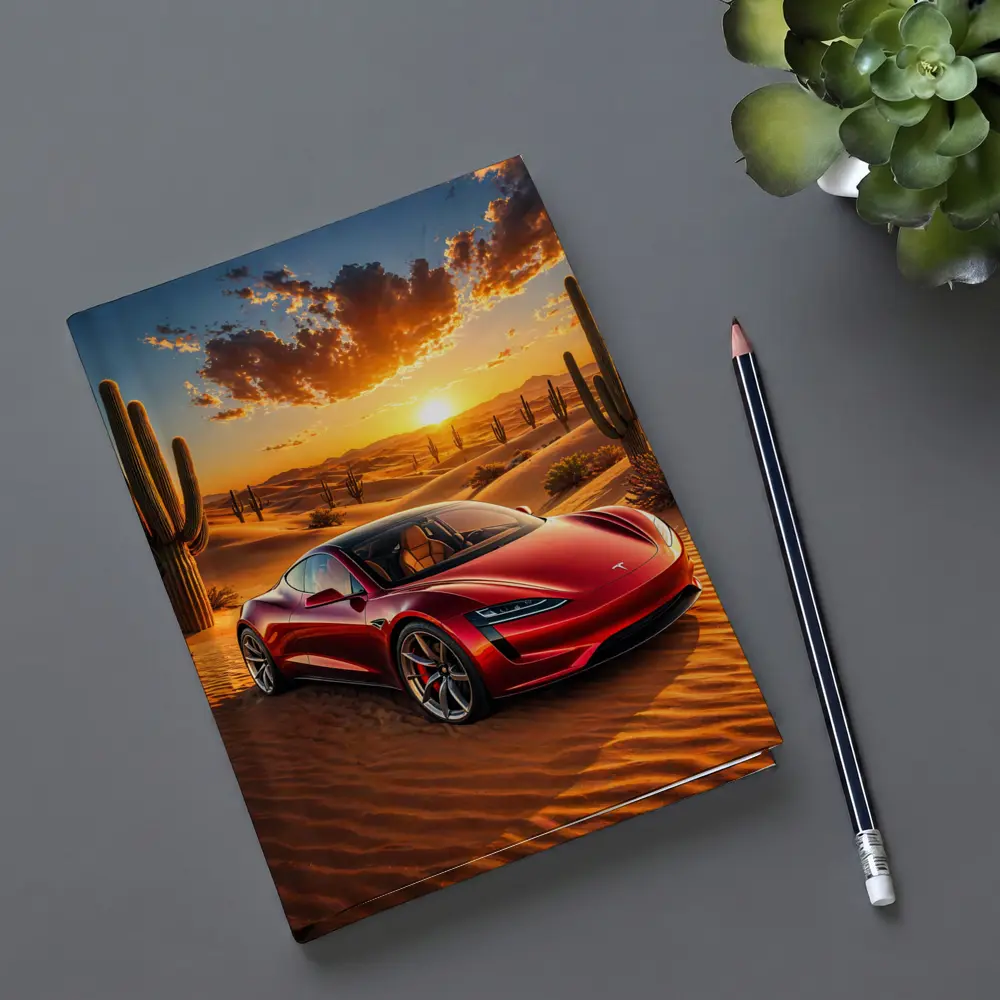 Tesla Roadster Red Car Desert Sunset – Notebooks