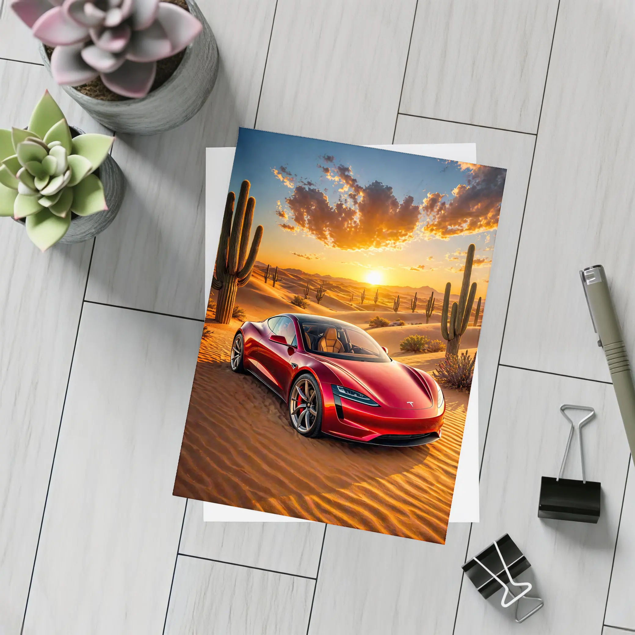 Tesla Roadster Red Car Desert Sunset – Postcards