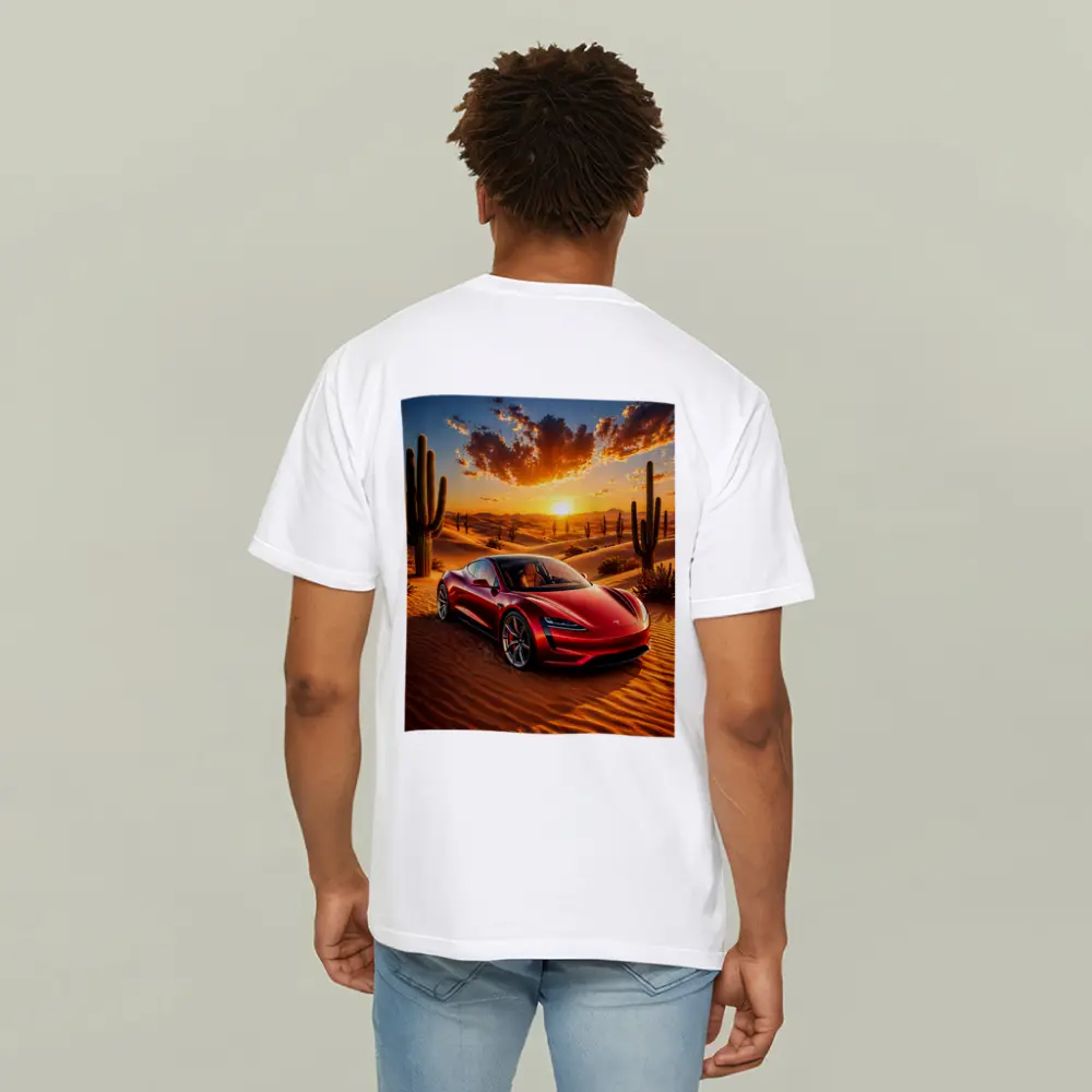 Tesla Roadster Red Car Desert Sunset – T-Shirts