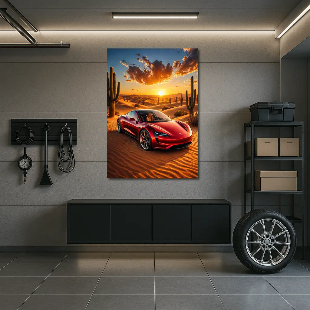 Tesla Roadster Red Car Desert Sunset – Wall Art