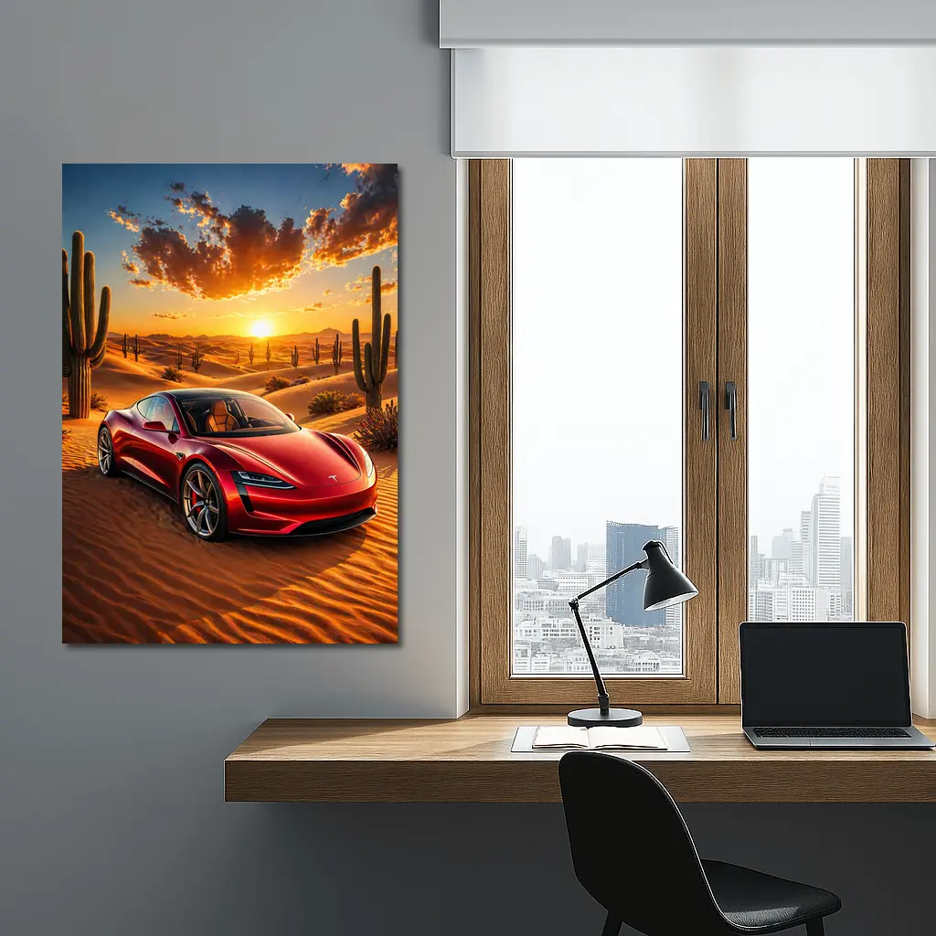 Tesla Roadster Red Car Desert Sunset – Wall Art
